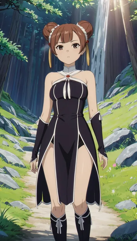 <lora:LaufenXL002>,<lora:DetailedEyes_V3:1.6>,looking at viewer,
solo,
anime screencap,
Laufen,1girl,brown hair,double bun,brown eyes,hair_ornament,
black dress,bare shoulders,
gloves,
pelvic curtain,
boots,
nature,sunbeams,
