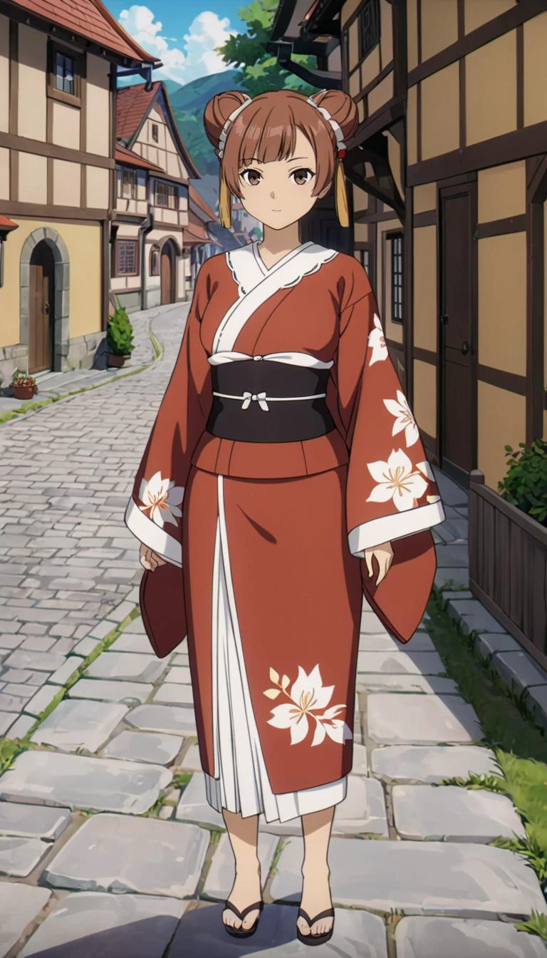 <lora:LaufenXL002>,<lora:DetailedEyes_V3:1.6>,looking at viewer,
solo,
anime screencap,
Laufen,1girl,brown hair,double bun,brown eyes,hair_ornament,
medieval town,
full body,standing,(print_kimono:1.2),obi,
