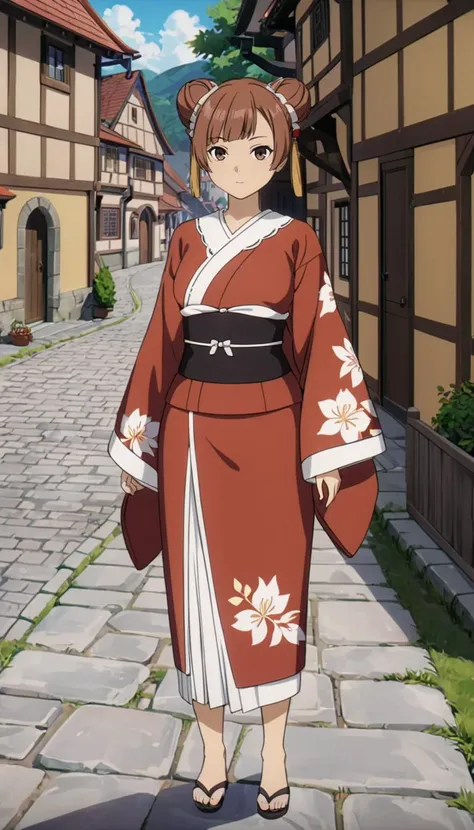 <lora:LaufenXL002>,<lora:DetailedEyes_V3:1.6>,looking at viewer,
solo,
anime screencap,
Laufen,1girl,brown hair,double bun,brown eyes,hair_ornament,
medieval town,
full body,standing,(print_kimono:1.2),obi,