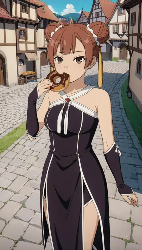 <lora:LaufenXL002>,<lora:DetailedEyes_V3:1.6>,looking at viewer,
solo,
anime screencap,
Laufen,1girl,brown hair,double bun,brown eyes,hair_ornament,
black dress,bare shoulders,
gloves,
pelvic curtain,
boots,
medieval town,doughnut,eating,basket,