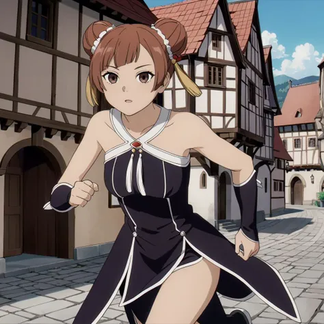 <lora:LaufenXL002>,<lora:DetailedEyes_V3:1.6>,looking at viewer,
solo,
anime screencap,
Laufen,1girl,brown hair,double bun,brown eyes,hair_ornament,
black dress,bare shoulders,
gloves,
pelvic curtain,
boots,
medieval town,running,