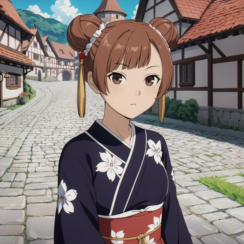 <lora:LaufenXL002>,<lora:DetailedEyes_V3:1.6>,looking at viewer,
solo,
anime screencap,
Laufen,1girl,brown hair,double bun,brown eyes,hair_ornament,
medieval town,print_kimono,