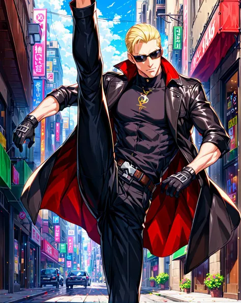 score_9, score_8_up, score_7_up, score_6_up, source_anime, BREAK best quality, (masterpiece:1.4), (high quality:1.4), sharp focus, 4k, absurd resolution, <lora:albertwesker-guy-PONYv1:1> albertwesker, albert wesker, 1boy, solo, blonde male, black gloves, slicked back hair, sunglasses, belt, pants, long coat, trench coat, black coat, black pants, highly detailed, highres, extremely detailed, looking at viewer, <lora:axekick_XL_v1:0.8> axe kick, leg up, standing on one leg, kicking, standing, high kick, leg lift, split, standing split, legs, flexible, kneepits, muscular,
