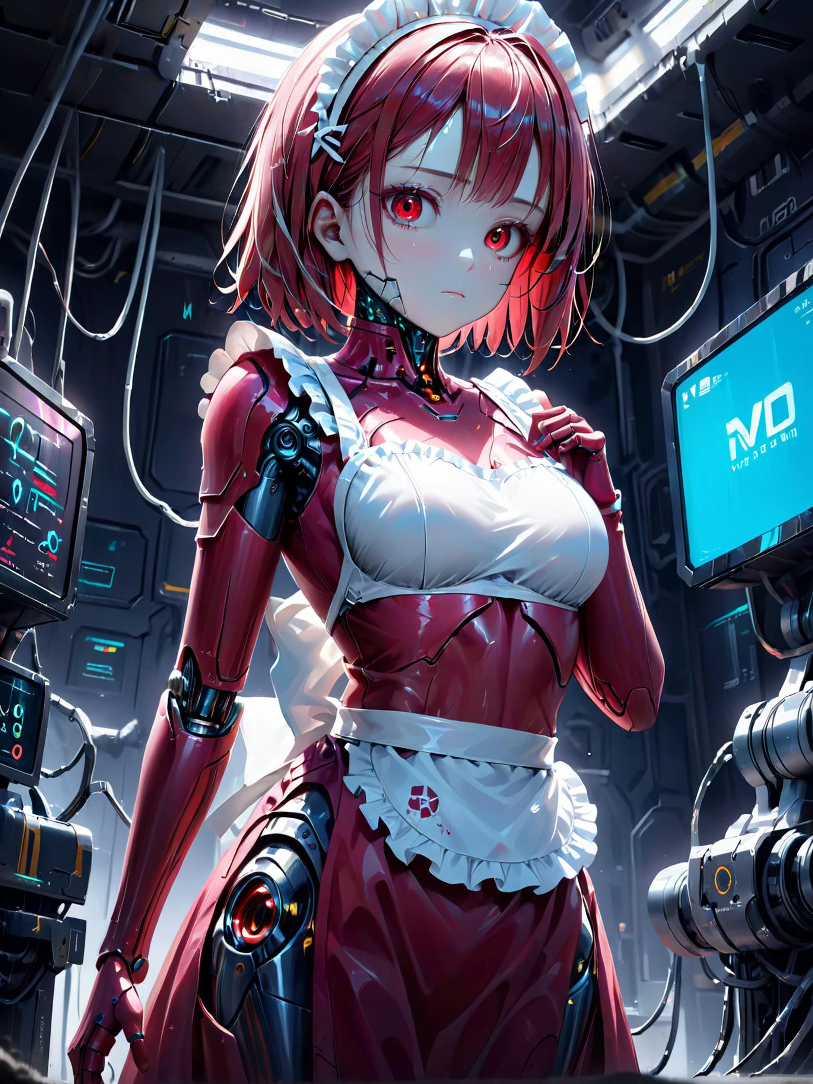 This realistic film photography shows a beautiful Japanese maid formed of colored glaze, cyborg, (looking down, looking at viewer, displaying a nasty and contempt expression, inorganic), infused with biomechanical parts, blend of organic and mechanical elements, (dressed in light white and dark crimson maid dress, elbow gloves, mechanized maid headdress, apron), Robot Skin, Android Skinm own hands on waist pose, inorganic glaze face, perfecteyes, detailed eyes, classical figurative realism, futuristic, cybernetic, detailed, intricate sculpted, anime-influenced, robot, reelmech, mechanical parts, cable, wires, machinery, joints, neon, clear cyborg, subsurface scattering, Hyperrealistic, analog style, soft lighting, heavy shadow, (cowboy shot, from below angle), <lora:cyber_aesthetic_sdxl:0.4> <lora:liuli0905xl2:0.8> <lora:PerfectEyesXL:0.8> <lora:robot_skin_XL_1.0.6:0.8>