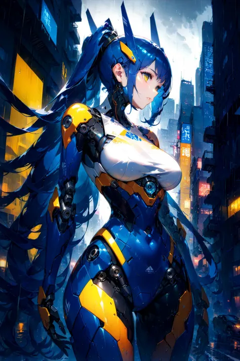 (Masterpiece:0.9), best quality, (illustration, incredibly absurdres:0.95), ultra detailed, solo, 1girl, Mecha, armed, mechanical, robot joint, android girl, rainy city, (Double exposure:1.2), HDR, [(flat color Background:1.2)::0.2], (high contrast background:1.2), <lora:add_details_xl:1.05> <lora:aesthetic_anime_v1s:1.2>