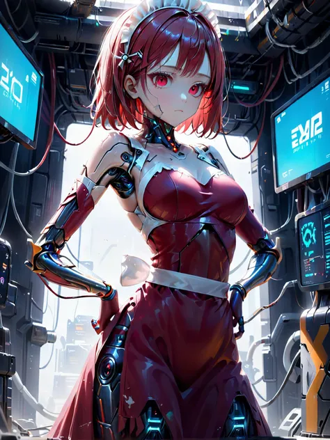 This realistic film photography shows a beautiful Japanese maid formed of colored glaze, cyborg, (looking down, looking at viewer, displaying a nasty and contempt expression, inorganic), infused with biomechanical parts, blend of organic and mechanical elements, (dressed in light white and dark crimson maid dress, elbow gloves, mechanized maid headdress, apron), Robot Skin, Android Skinm own hands on waist pose, inorganic glaze face, perfecteyes, detailed eyes, classical figurative realism, futuristic, cybernetic, detailed, intricate sculpted, anime-influenced, robot, reelmech, mechanical parts, cable, wires, machinery, joints, neon, clear cyborg, subsurface scattering, Hyperrealistic, analog style, soft lighting, heavy shadow, (cowboy shot, from below angle), <lora:cyber_aesthetic_sdxl:0.4> <lora:liuli0905xl2:0.8> <lora:PerfectEyesXL:0.8> <lora:robot_skin_XL_1.0.6:0.8>