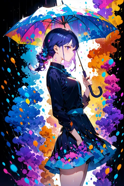 (Masterpiece:0.9), best quality, (illustration, incredibly absurdres:0.95), ultra detailed, solo, 1girl, from side, shirt, holding an umbrella, (Double exposure), colorful ink rain, HDR, [(flat color Background:1.2)::0.2], (high contrast background:1.2), <lora:add_details_xl:1.05> <lora:aesthetic_anime_v1s:1.2>