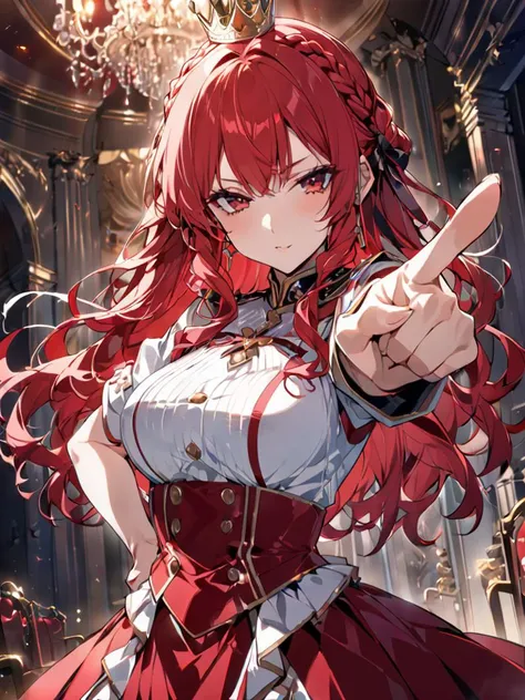 (((masterpiece))) , (((best quality))) , anime style, 2d, stocky Malian appealing 1girl, solo, Private First Class, Unattractive, Pointing at you, Red hair styled as Crown braid, curly hair, key visual, flowing, illustrious, dramatic, theatrical, extremely rich detail, ambient atmosphere