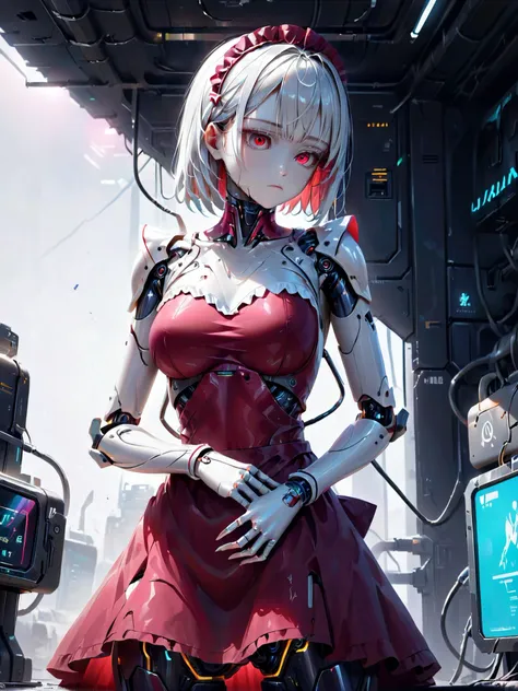 This realistic film photography shows a beautiful Japanese maid formed of colored glaze, cyborg, (looking down, looking at viewer, displaying a nasty and contempt expression, inorganic), infused with biomechanical parts, blend of organic and mechanical elements, (dressed in light white and dark crimson maid dress, elbow gloves, mechanized maid headdress, apron), Robot Skin, Android Skinm own hands on waist pose, inorganic glaze face, perfecteyes, detailed eyes, classical figurative realism, futuristic, cybernetic, detailed, intricate sculpted, anime-influenced, robot, reelmech, mechanical parts, cable, wires, machinery, joints, neon, clear cyborg, subsurface scattering, Hyperrealistic, analog style, soft lighting, heavy shadow, (cowboy shot, from below angle), <lora:cyber_aesthetic_sdxl:0.4> <lora:liuli0905xl2:0.8> <lora:PerfectEyesXL:0.8> <lora:robot_skin_XL_1.0.6:0.8>