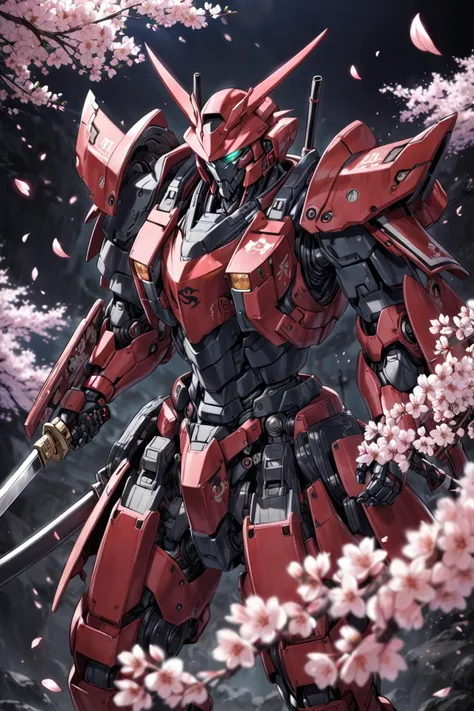 (FRS, a heavy mech:1.2), (hawken:1.1), mecha with sleek and menacing design, glowing eyes, (Samurai:1.4), mechanical parts, robot joints, (Katana, Ådachi:1.4), cloak, best quality, highly detailed, ultra-detailed, (Ink, Zen art:1.2), angular design armor, heavy mech, (cinematic lighting, depth of field:1.05), Cherry blossom, petals, [(black background:1.4)::0.2], (Bushido wallpaper:1.4), <lora:srdxl_v1f:0.9> <lora:sdxl2-flat2-512b:-1.05> <lora:artstyle:1>