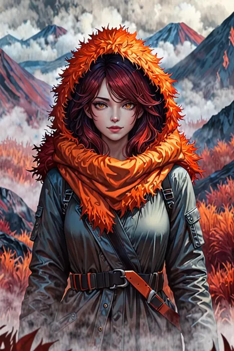 a fluff and beautiful woman face in a volcano fog in the style of autumn color, ultra detailed textures, <lora:sdxl_lightning_8step_lora.safetensors:1.0>, <lora:add detail xl.safetensors:1.5>