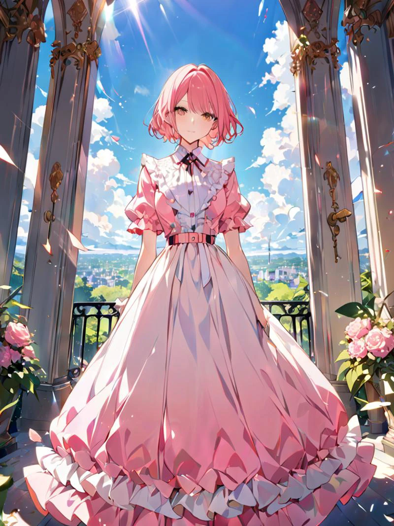 (((masterpiece))) , (((best quality))) , anime style, 2d, Visionary Timeless tall Indonesian attractive 1girl, solo, in Shabby Chic Gradient and Colorful garb tailored by Simone Rocha, key visual, extremely stylish, ambient background, sunny, great light, imposing, detailed, extremely rich detail
