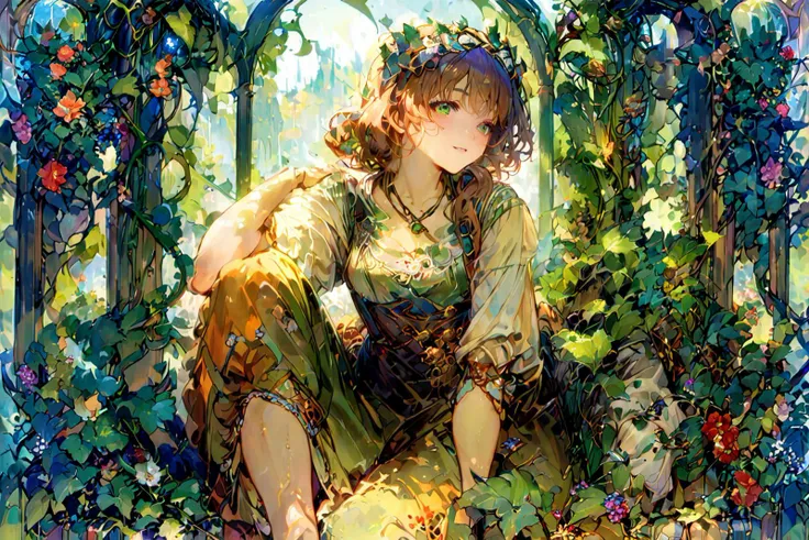 style of Alphonse Mucha, (Masterpiece:0.9), best quality, (illustration, incredibly absurdres:0.95), ultra detailed, solo, 1girl, shirt, towel, Wild Growth, cozy bathtub with a wall of herbs, plant, HDR, natural light, hyperrealistic, [(white Background:1.2)::0.2], (Green Vines pattern background:1.2),  <lora:tbh200-sdxl:1.2> <lora:anime enhancer V3 xl:0.85> <lora:aesthetic_anime_v1s:1.2>
