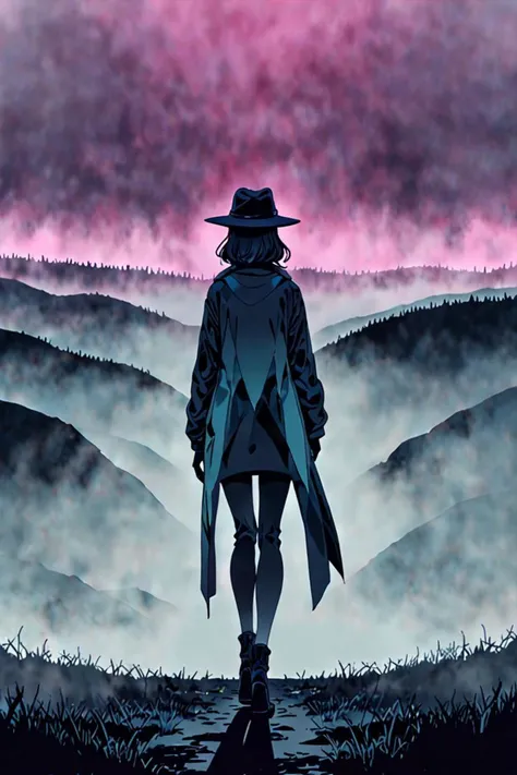 a fhd and she is wearing a hat in a panorama shot in the style of low saturation colors, in the bottom there a lot of fog, <lora:sdxl_lightning_8step_lora.safetensors:1.0>, <lora:add detail xl.safetensors:1.5>