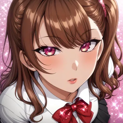 <lora:IzumiNogamiXL001:0.8>,<lora:GlitterStyle:0.2>,
GlitterStyle,glitter,jewelry eyes,glitter eyes,glitter lips,
from above,
looking at viewer,half-closed eyes,blush,
solo,
IzumiNogami,1girl,brown hair,one -side -up,parted lips,
white shirt,red bowtie,
pleated_skirt,black skirt,