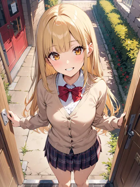 cute 1girl, blonde hair, (straight hair), bangs on one side, head tilt, (waist), light brown cardigan, plaid skirt, red bowtie, arms behind back, looking at viewer, happy smile, entrance, outdoor, from above, teenage, (depth of field), masterpiece, best quality