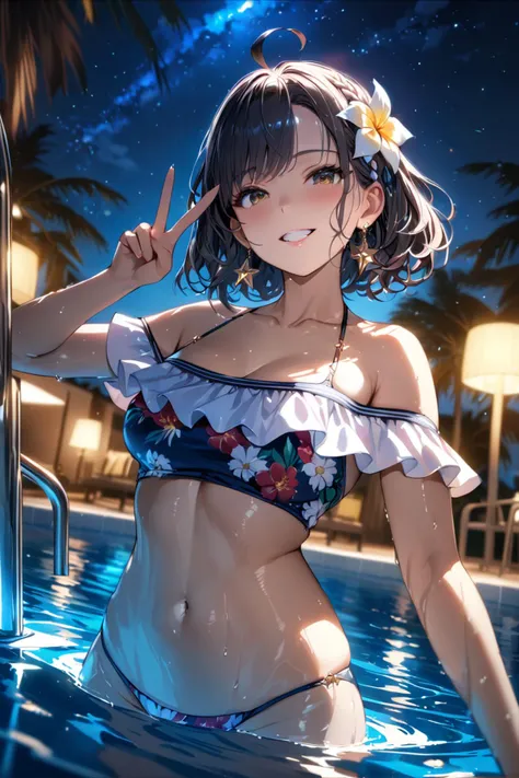 1girl,blue eyes, gold micro bikini,(:1.3), (loli:6),eyelashes, (lipstick:1.1), (night:1.3), flat chest,  smirk, alley, , navel,  collar, facing viewer, groin, ,peace