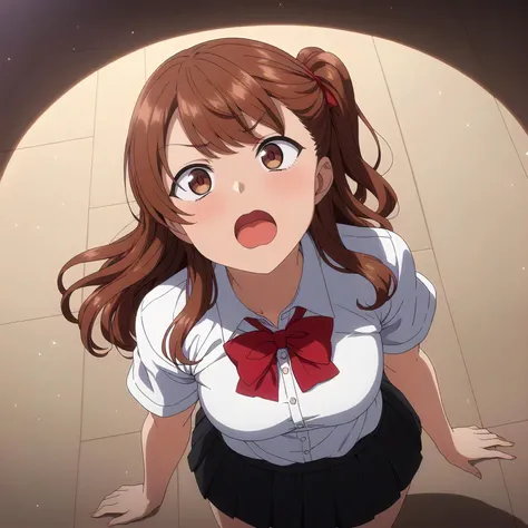<lora:IzumiNogamiXL001:0.8>,<lora:GlitterStyle_sdxl:0.6>,
anime screencap,
best quality,masterpiece,
GlitterStyle,glitter,starry_sky,
shadow,looking up,looking at another,open mouth,wavy mouth,
solo,
IzumiNogami,1girl,brown hair,one -side -up,brown eyes,
white shirt,red bowtie,
pleated_skirt,black skirt,
cowboy shot,standing,