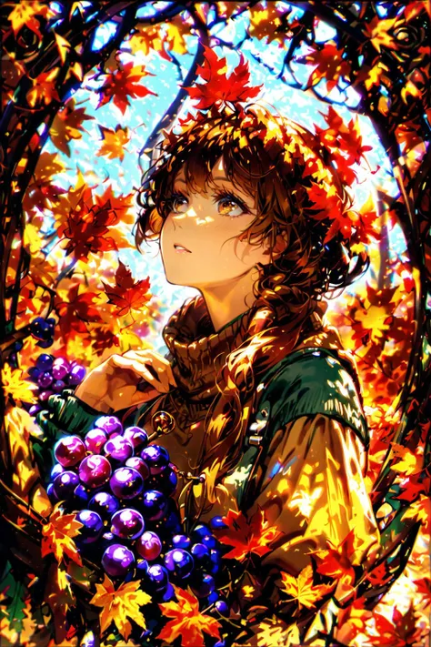 style of Alphonse Mucha, 1girl, solo, Autumn theme, scarf, brown sweater, grape, autumn leaves, Chiaroscuro, Depth of field,  4k wallpaper, cinematic angle, [(solid background:1.2)::0.2], (maple leaf background:1.2), newest, highres, illustration, incredibly absurdres, ultra detailed, masterpiece, best quality, <lora:tbh200-sdxl:1.05> <lora:add_details_xl:1>