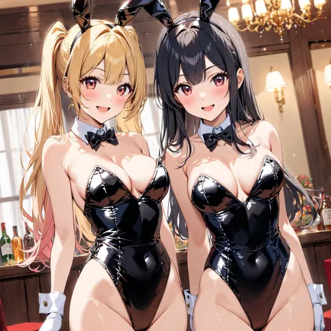 masterpiece,best quality,depth of field BREAK
3girls,blonde hair,long hair,blush,black tailcoat playboy bunny,bunny,standing BREAK
3girls,red hair,short hair,smile,pink playboy bunny,standing BREAK
3girls,black hair, twintails,;d,gold playboy bunny,standing,