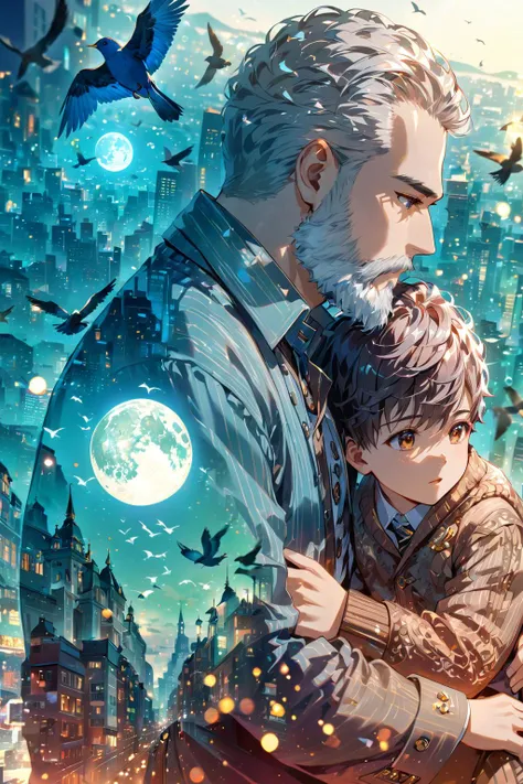 Double Exposure style, 2boy, bearded guy, (light bokeh), elegant, sharp focus, soft lighting, Father and son, memories, nostalgic, Birds, city, moon, (Depth of field hdr 8k 4k wallpaper cinematic angle, cinematic lighting:1.2), [(double exposure background:1.2)::0.2], (artistic background:1.2), (masterpiece, best quality:1.4), [ <lora:detailed_notrigger:1.15>::0.5], [:<lora:detailed_hands:1>:0.5],  <lora:Double Exposure style:1>