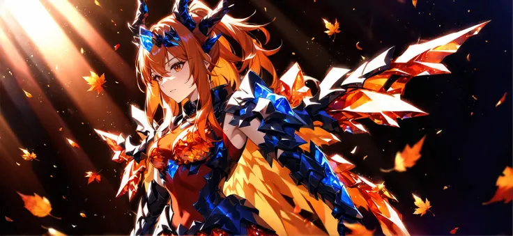 Autumn theme, 1girl, solo, (only upper body), dragon horn, energy wings, crystal dragon girl, armored skirt, amber crystals, energy scarf, autumn leaves, deep shadows, Depth of field,  4k wallpaper, cinematic angle, [(solid background:1.2)::0.1], (Chiaroscuro background:1.2), newest, highres, illustration, incredibly absurdres, ultra detailed, masterpiece, best quality, <lora:futtora-01:1>