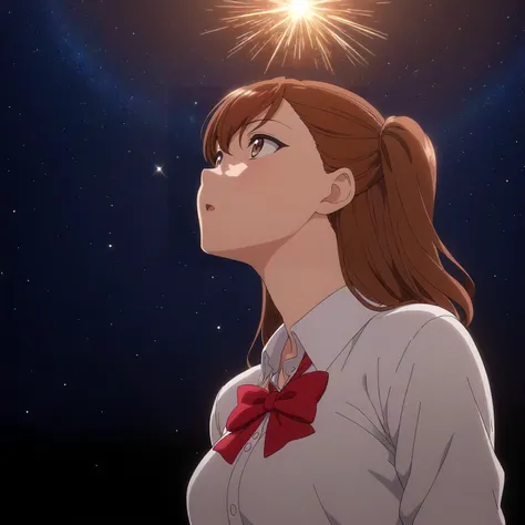 <lora:IzumiNogamiXL001:0.8>,<lora:GlitterStyle_sdxl:0.6>,
anime screencap,
best quality,masterpiece,
GlitterStyle,glitter,starry_sky,
shadow,looking up,looking at another,
solo,
IzumiNogami,1girl,brown hair,one -side -up,brown eyes,
white shirt,red bowtie,
pleated_skirt,black skirt,
cowboy shot,standing,