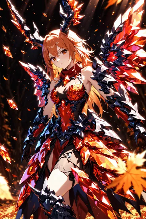 Autumn theme, 1girl, solo, dragon horn, energy wings, crystal dragon girl, armored skirt, amber crystals, energy scarf, autumn leaves, deep shadows, Depth of field,  4k wallpaper, cinematic angle, [(solid background:1.2)::0.1], (Chiaroscuro background:1.2), newest, highres, illustration, incredibly absurdres, ultra detailed, masterpiece, best quality, <lora:futtora-01:1>