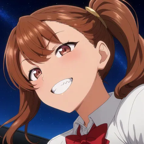 <lora:IzumiNogamiXL001:0.8>,<lora:GlitterStyle_sdxl:0.7>,
anime screencap,
best quality,masterpiece,
GlitterStyle,Glitter,starry_sky,
grin,from below,
solo,
IzumiNogami,1girl,brown hair,Side ponytail,brown eyes,
white shirt,red bowtie,