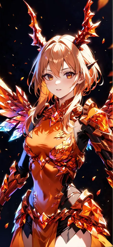 Autumn theme, 1girl, solo, (only upper body), dragon horn, energy wings, crystal dragon girl, armored skirt, amber crystals, energy scarf, autumn leaves, deep shadows, Depth of field,  4k wallpaper, cinematic angle, [(solid background:1.2)::0.1], (Chiaroscuro background:1.2), newest, highres, illustration, incredibly absurdres, ultra detailed, masterpiece, best quality, <lora:futtora-01:1>