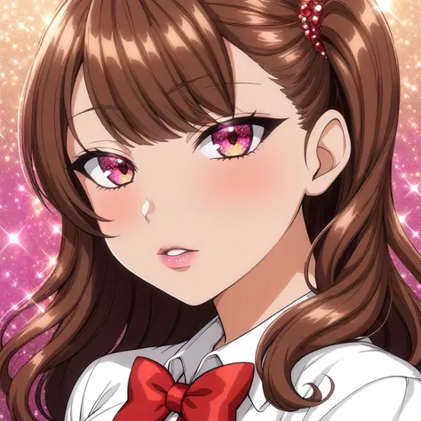 <lora:IzumiNogamiXL001:0.8>,<lora:GlitterStyle:0.2>,
GlitterStyle,glitter,jewelry eyes,glitter eyes,glitter lips,glitter background,
looking at viewer,half-closed eyes,blush,
solo,
IzumiNogami,1girl,brown hair,one -side -up,parted lips,
white shirt,red bowtie,
pleated_skirt,black skirt,