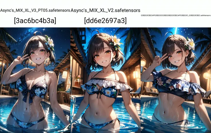 masterpiece best quality 1girl (masterpiece:1.2),best quality,PIXIV,who,
swimsuit,bikini full body
night sky standing from below star
bangs,looking at viewer,flower,short hair,outdoors,parted bangs,open mouth,hair ornament,medium breasts,navel,hair flower,ahoge,drinking glass,jewelry,v,
partially submerged,pool,water
collarbone,drinking straw,off shoulder,grin,floral print,wavy hair,earrings,braid,eyelashes,(masterpiece,detailed,highres:1.1)(Depth of field hdr 8k 4k wallpaper cinematic angle, cinematic lighting,:1.1) (masterpiece, best quality:1.55), (Depth of field hdr 8k 4k wallpaper cinematic angle, cinematic lighting,:1.5) (masterpiece, best quality:2.0)