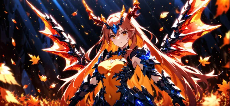 Autumn theme, 1girl, solo, (only upper body), dragon horn, energy wings, crystal dragon girl, armored skirt, amber crystals, energy scarf, autumn leaves, deep shadows, Depth of field,  4k wallpaper, Chiaroscuro, cinematic angle, [(solid background:1.2)::0.1], (Autumn background:1.2), newest, highres, illustration, incredibly absurdres, ultra detailed, masterpiece, best quality, <lora:futtora-01:1>