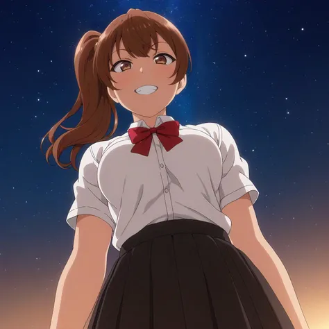 <lora:IzumiNogamiXL001:0.8>,<lora:GlitterStyle_sdxl:0.6>,
anime screencap,
best quality,masterpiece,
GlitterStyle,glitter,starry_sky,
grin,shadow,from below,
solo,
IzumiNogami,1girl,brown hair,Side ponytail,brown eyes,
white shirt,red bowtie,
pleated_skirt,black skirt,
standing,
