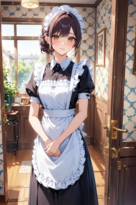 vector graphics theme, 1girl, motherly, :), maid, patterned wall and a door, [(blurred background:1.2)::0.2], (indoor background:1.2), newest, highres, illustration, incredibly absurdres, ultra detailed, masterpiece, best quality, <lora:light vector:1>
