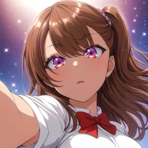 <lora:IzumiNogamiXL001:0.8>,<lora:GlitterStyle_sdxl:0.1>,
from below,
GlitterStyle,glitter eyes,jewelry eyes,
looking at viewer,
solo,
IzumiNogami,1girl,brown hair,one -side -up,
white shirt,red bowtie,