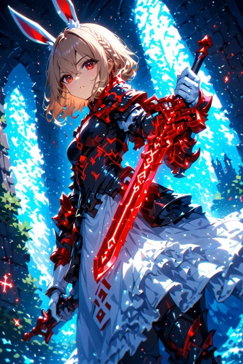 runesword, 1girl, solo, dynamic angle, bunny, holding a sword, the blade is outlined in glowing Red and had glowing symbols along the blade, Runesword of the Red, cinematic shadows, Depth of field,  4k wallpaper, cinematic angle, [(solid background:1.2)::0.2], (dungeon background:1.2), newest, highres, illustration, incredibly absurdres, ultra detailed, masterpiece, best quality, <lora:RuneSwordXL:1> <lora:detailed_notrigger:1>