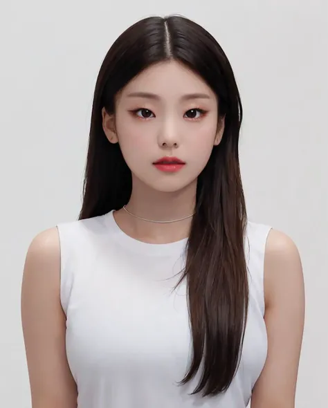 best quality, photorealistic, 8k, high res, 1girl, woman, (skindentation), (portrait:0.6), gorgeous, ((whitebackground:2.1)), ((smallsize round breast, sleeveless white tshirt:1.75)), straight-looking at viewer:1.8, (1girl eyes looking at viewer, medium-length hair, brownhair, partedbangs:1.65), photorealistic, (bokeh), (closed mouth:1.46), gorgeous, pureerosface_v1, <lora:IDOL-yeji:0.75>