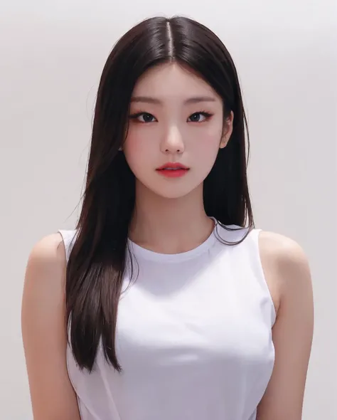 best quality, photorealistic, 8k, high res, 1girl, woman, (skindentation), (portrait:0.6), gorgeous, ((whitebackground:1.82)), ((smallsize round breast, sleeveless white tshirt:1.75)), straight-looking at viewer:1.8, (1girl eyes looking at viewer, medium-length hair, brownhair, partedbangs:1.65), photorealistic, (bokeh), (closed mouth:1.46), gorgeous, pureerosface_v1, <lora:IDOL-yeji:0.75>