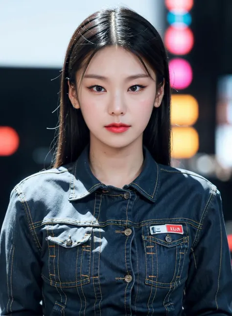 best quality, photorealistic, 8k, high res, 1girl, woman, (skindentation), (portrait:0.6), gorgeous, ((neon light, time square, cityscapebackground:1.65)), ((denimjacket with sweater inside:1.75)), straight-looking at viewer:1.8, (1girl eyes looking at viewer, short-length straighthair, black hair, partedhair:1.75), photorealistic, (bokeh), (smile:1.2), (closed mouth:0.56), gorgeous, pureerosface_v1, <lora:IDOL-yeji:0.75>