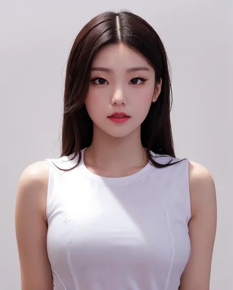 best quality, photorealistic, 8k, high res, 1girl, woman, (skindentation), (portrait:0.6), gorgeous, ((whitebackground:2.1)), ((smallsize round breast, sleeveless white tshirt:1.75)), straight-looking at viewer:1.8, (1girl eyes looking at viewer, medium-length hair, brownhair, partedbangs:1.65), photorealistic, (bokeh), (closed mouth:1.46), gorgeous, pureerosface_v1, <lora:IDOL-yeji:0.75>