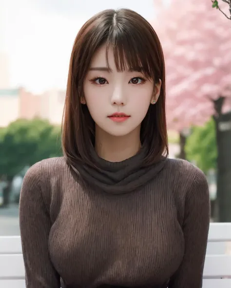 pureerosface_v1:0.3, best quality, photorealistic, 8k, high res, full color, 1girl, woman, 20 years old woman, (closed mouth:1.43), (skindentation), (portrait:0.6), trees, park bench, daylight, ((park background:1.52)), full color, ((necksweater:1.68)), looking at viewer:1.8, (1girl eyes looking at viewer:1.55), (medium-length hair, brownhair, partedbangs:1.45), (bokeh), <lora:AAW-yeji:0.65>