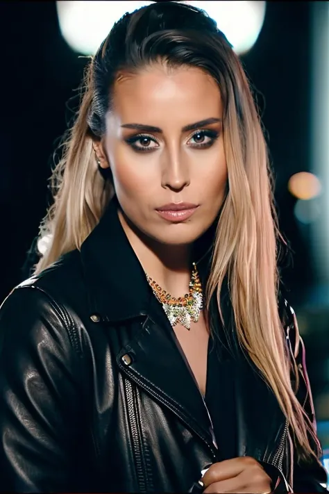portrait photo of HandeUnsal01, young, (black leather jacket), (dirty blonde hair), alluring portrait, intricate, highly detailed, digital painting, artstation, concept art, naughty, sharp focus, cinematic lighting, illustration, art by artgerm and greg rutkowski, alphonse mucha, cgsociety, <lora:HandeUnsal01-000010:0.9>, detailed skin texture, (blush:0.5), (goosebumps:0.5), subsurface scattering