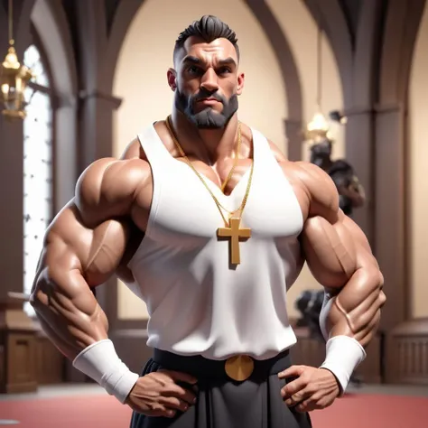 a stocky shirtless gay man is standing in the church, shirtless, he is wearing tight wet yellow transparent thong bikini highlighting his big bulge and revealing his big butts, there are Jesus statue and cross and other holly Christian things at his background, masculine and stocky, handsome face with detailed facial features, full body shoot, big pecs, big arms, wearing a Christian cross necklace at his nec, wearing long black shiny leather boots, wet oiled waxy shiny muscles and skin, flawless white skin, masterpiece, professional DSLR shoot and retouching, illustration art, shot by Canon prime lens 50mm, shadow, highlight, sharpness, depth of field, Bishop men and other naked gay men at his background and environment, hot erotic man, he is so sexy and hot