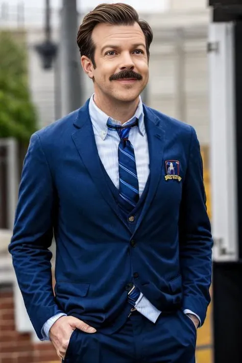 photo of ted person, tedlasso, <lora:TedLassov2-000003:0.95> Ted Lasso, closeup portrait, suit, tie,male, colored, vibrant
