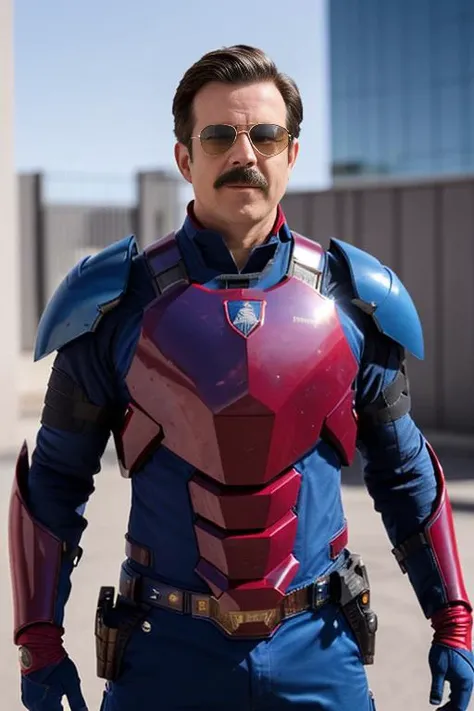 photo of ted person, tedlasso, <lora:TedLassov2-000003:0.85> sunlight, masterpiece, sci-fi armor, high def, portrait of Ted Lasso as an action hero, blue sky, 1man , 45y.o. , ((red and blue heavy armor)), hands on hips, cowboy shot, on the streets at day, detailed, natural light, cinematic composition, power armor, intricate details, highly detailed, 8k, art by artgerm and greg rutkowski and alphonse mucha, reflective metal, sunglasses