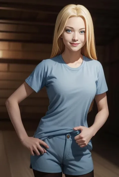 Hyperrealistic art of masterpiece, highres, ultra high res, photorealistic, <lora:RioNakamuraR4:0.7>,RioNakamuraR4, blonde hair, blue eyes, black_legwear, , , blue_shirt, clenched_hand, clenched_hands, hand_on_hip, long_hair, one_eye_closed, pantyhose, shirt, shorts, smile, solo, standing, thumbs_up, Extremely high-resolution details, photographic, realism pushed to extreme, fine texture, incredibly lifelike