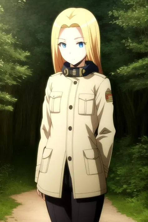 masterpiece, highres,1girl, <lora:RioNakamuraR4:0.8>,RioNakamuraR4, blonde hair, blue eyes, military uniform, standing, forest, sunny