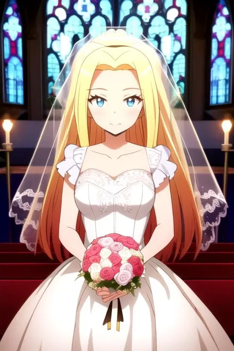 (best quality, 8k, 32k, masterpiece, UHD:1.2), 1girl, absurdres , <lora:RioNakamuraR4:0.8>,RioNakamuraR4, blue eyes, blonde hair,wedding,dress,,frills,,frilly,wedding,dress,,otoko,no,ko,,solo,focus,,<lora:more details:0.5>,,shot,,nice,hands,,perfect,hands,(unusual,pupils),,glowing,magic,more,prism,,vibrant,color,,church,,bouquet,,white,flowers,