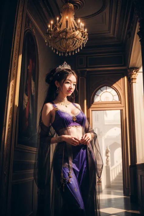 best quality, quality, masterpiece, (photorealistic:1.4),1girl, <lora:NG73mix:1>, Blue Purple Theme, (((masterpiece,best quality))),((good structure,Good composition,good atomy)), ((clear, original,beautiful)),dramatic lighting,smile,qingsha3,<lora:add_detail:0.5>,standing in a palace,palace
